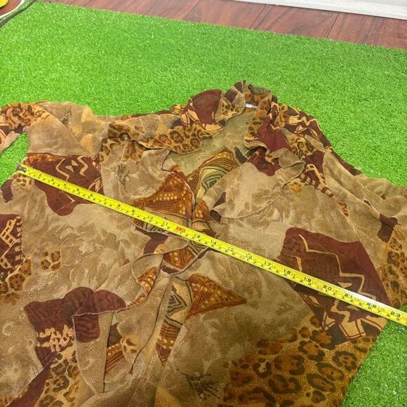 VTG 90s Sz 14 Sheer Earthy Cardigan Shrug Ruffle Trim Cover Up Leopard Print - Picture 7 of 7